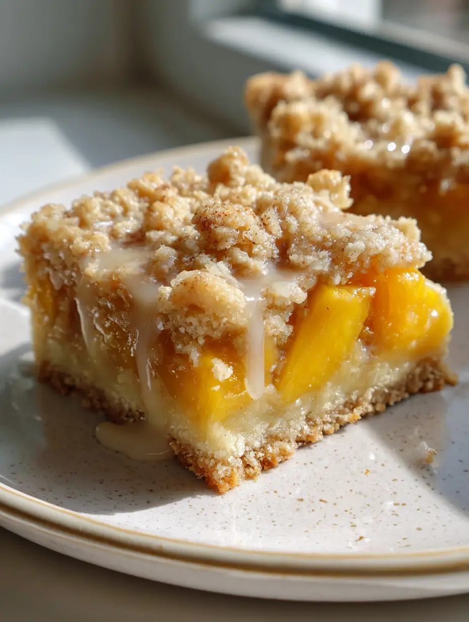 Close-up side view of a square honey-glazed peach crumble bar showing the thick shortbread and juicy peaches. (Peach Crumble Bars)