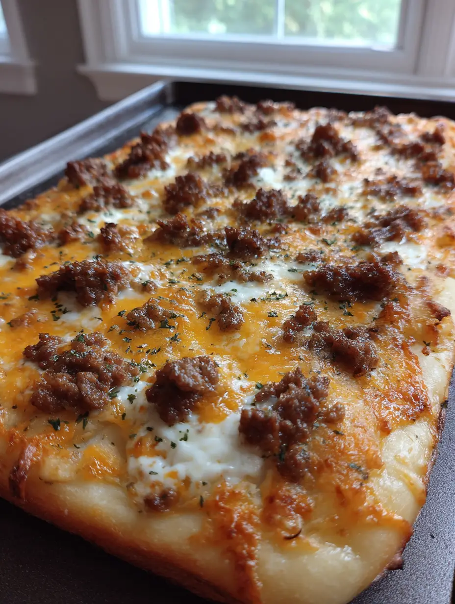 Top-down view of a rectangular Patty Melt Pizza with seared ground beef, translucent golden onions, and vibrant yellow cheddar cheese.