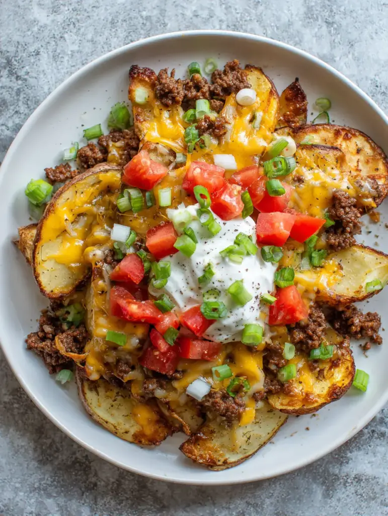 Loaded Cheesy Taco Potatoes with fresh diced tomatoes, green onions, and a sour cream dollop on a white plate.