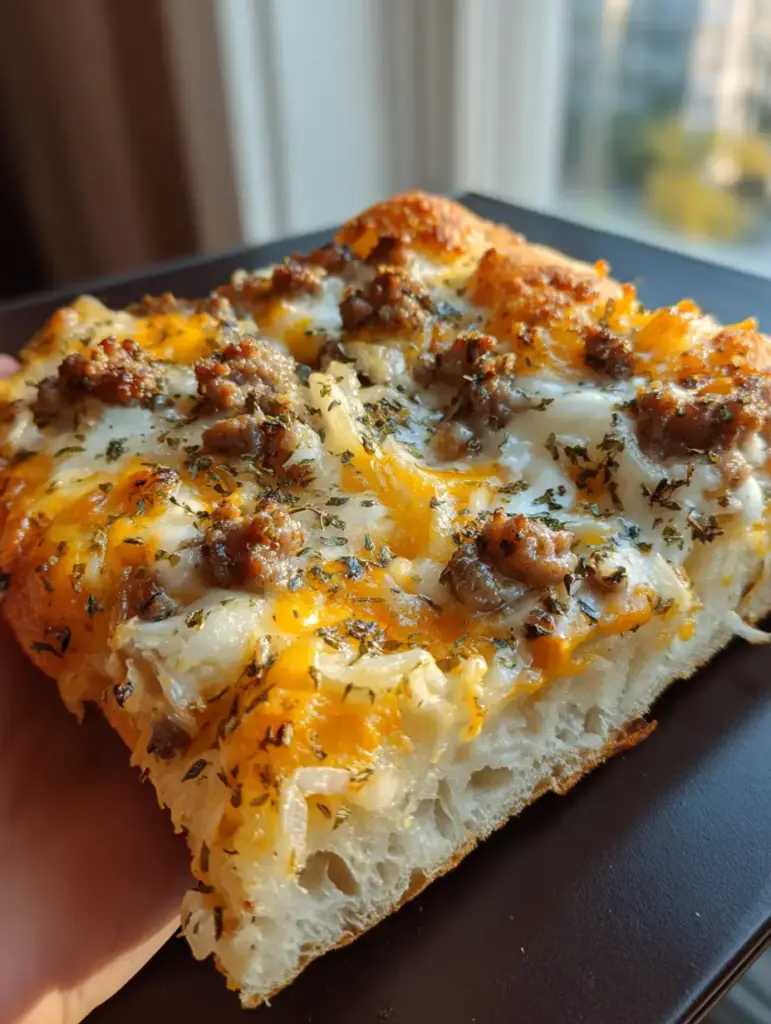 A handheld shot of a slice of Patty Melt Pizza showing the airy golden-brown focaccia bread and creamy pale-orange sauce.