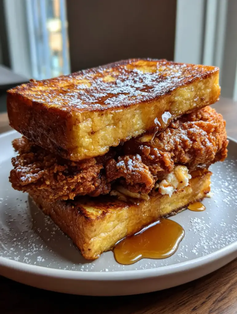 Thick slices of golden-brown brioche French toast sandwiching a craggy fried chicken thigh. (French Toast Fried Chicken Sandwich)