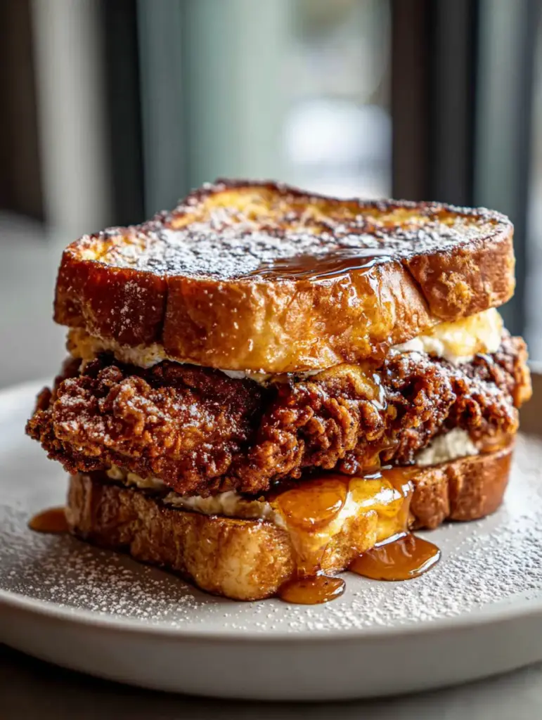 Amber maple syrup drizzled over a French Toast Fried Chicken Sandwich under soft natural daylight.