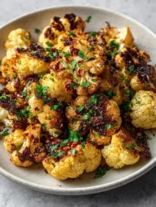 Smartphone photo of golden-brown Crispy Roasted Cauliflower piled in a bowl on a gray stone surface.