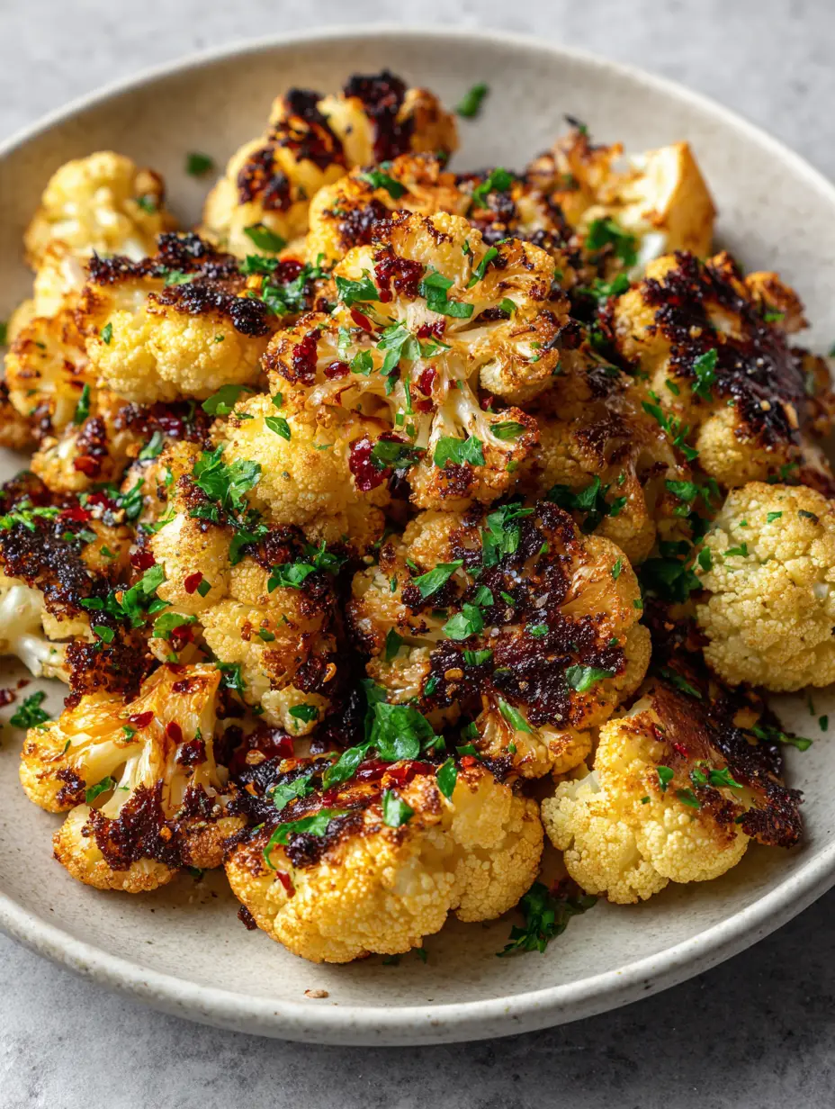 Smartphone photo of golden-brown Crispy Roasted Cauliflower piled in a bowl on a gray stone surface.