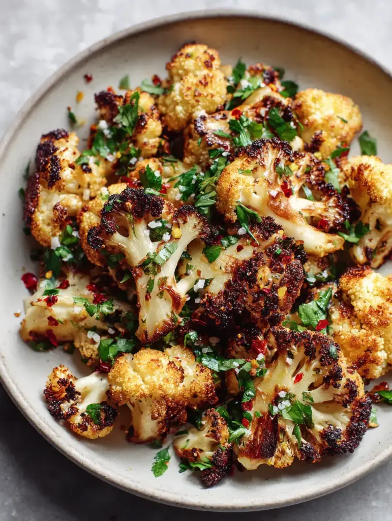 Overhead shot of Crispy Roasted Cauliflower garnished with sea salt crystals and fresh green parsley.
