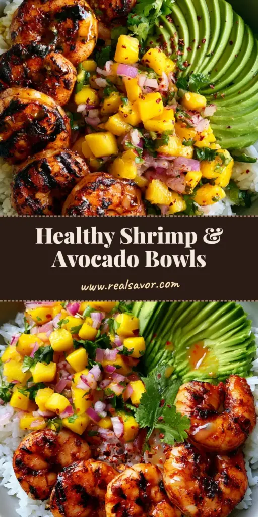 A top-down photo of Shrimp and Avocado Bowls in light-grey ceramic bowls with grilled shrimp, mango salsa, and fanned avocado on jasmine rice.