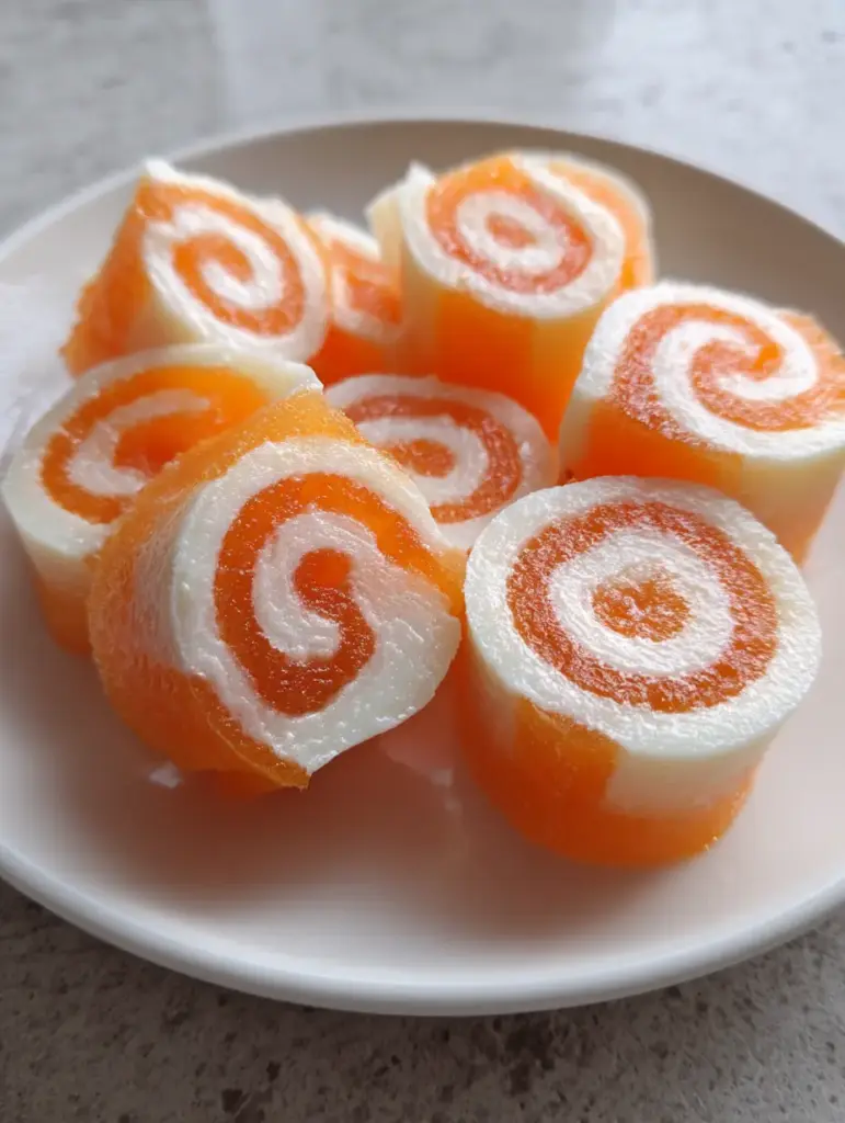Detailed view of the 2mm thick layers in the Creamsicle Vodka Jello Rollups, showcasing the firm gelatinous wobble and spiral pattern.