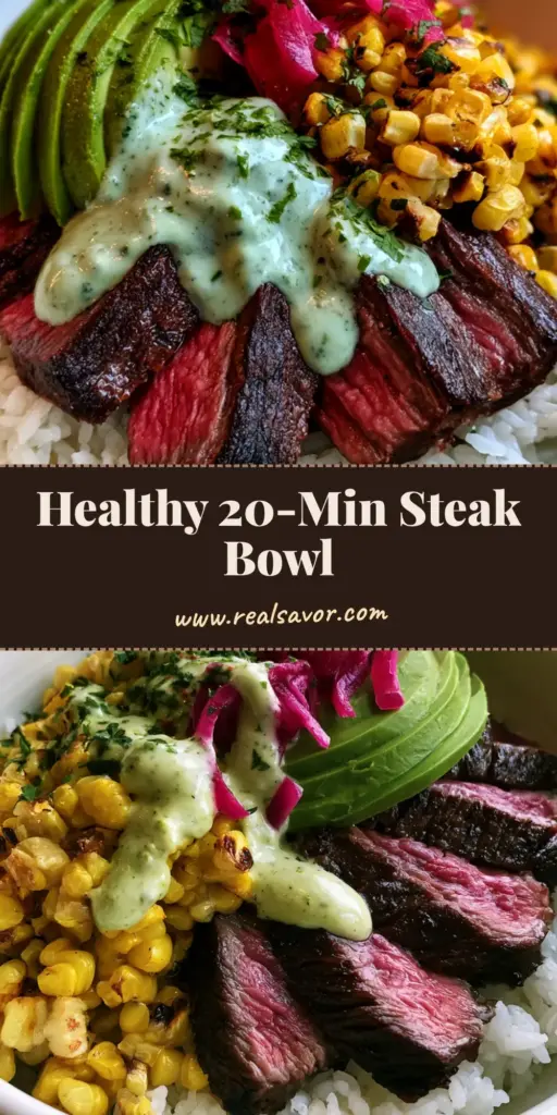 A smartphone-style photo of a Steak and Avocado Rice Bowl with charred corn and cilantro cream in a white ceramic dish.