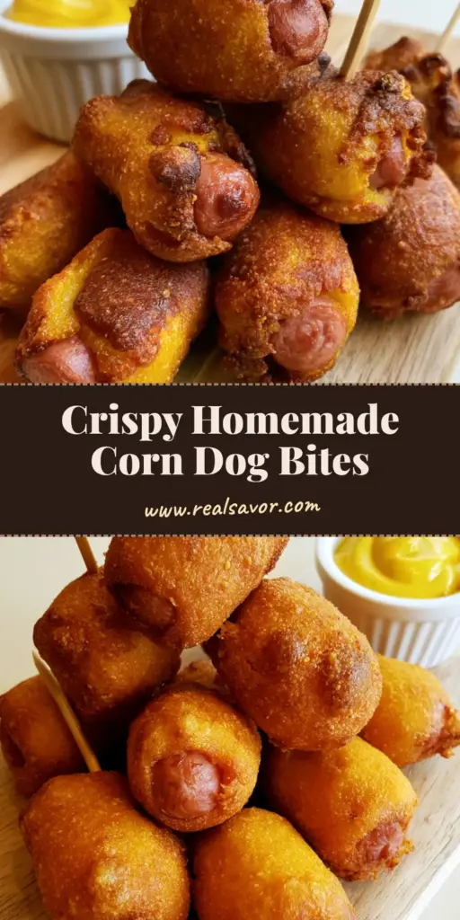 A pile of golden-brown Homemade Corn Dog Bites on a light wood board with yellow mustard dipping sauce.