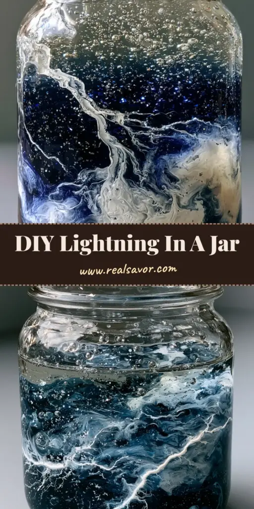A handheld smartphone photo of a DIY Lightning in a Jar with indigo water, clear oil, and white paint streaks.