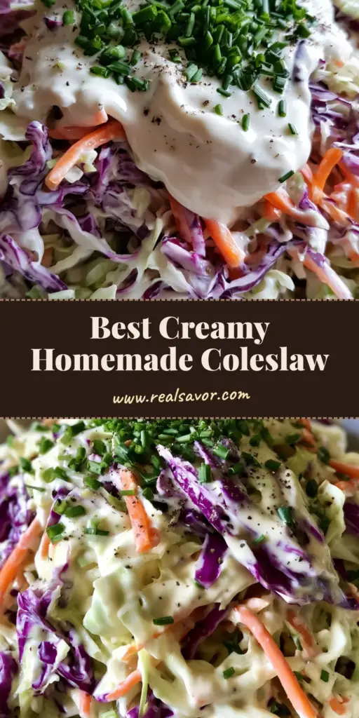 A close-up vertical shot of a white bowl filled with Homemade Coleslaw Recipe featuring green cabbage, purple cabbage, and chives.