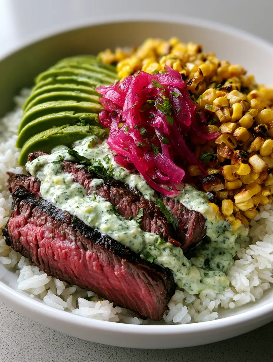 Top-down view of a Steak and Avocado Rice Bowl showing pink medium-rare beef slices and charred corn.