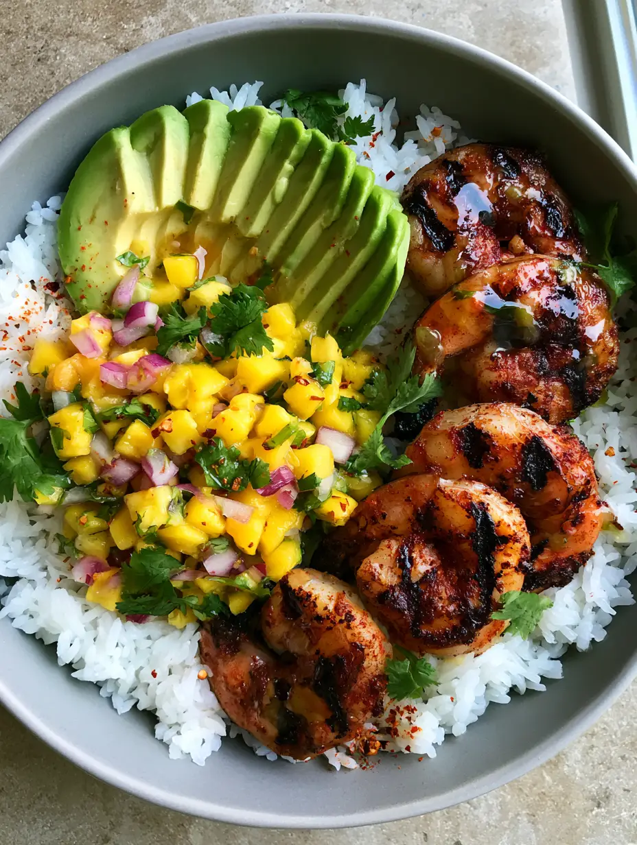 Close-up of charred grilled shrimp with red chili seasoning in a Shrimp and Avocado Bowl.