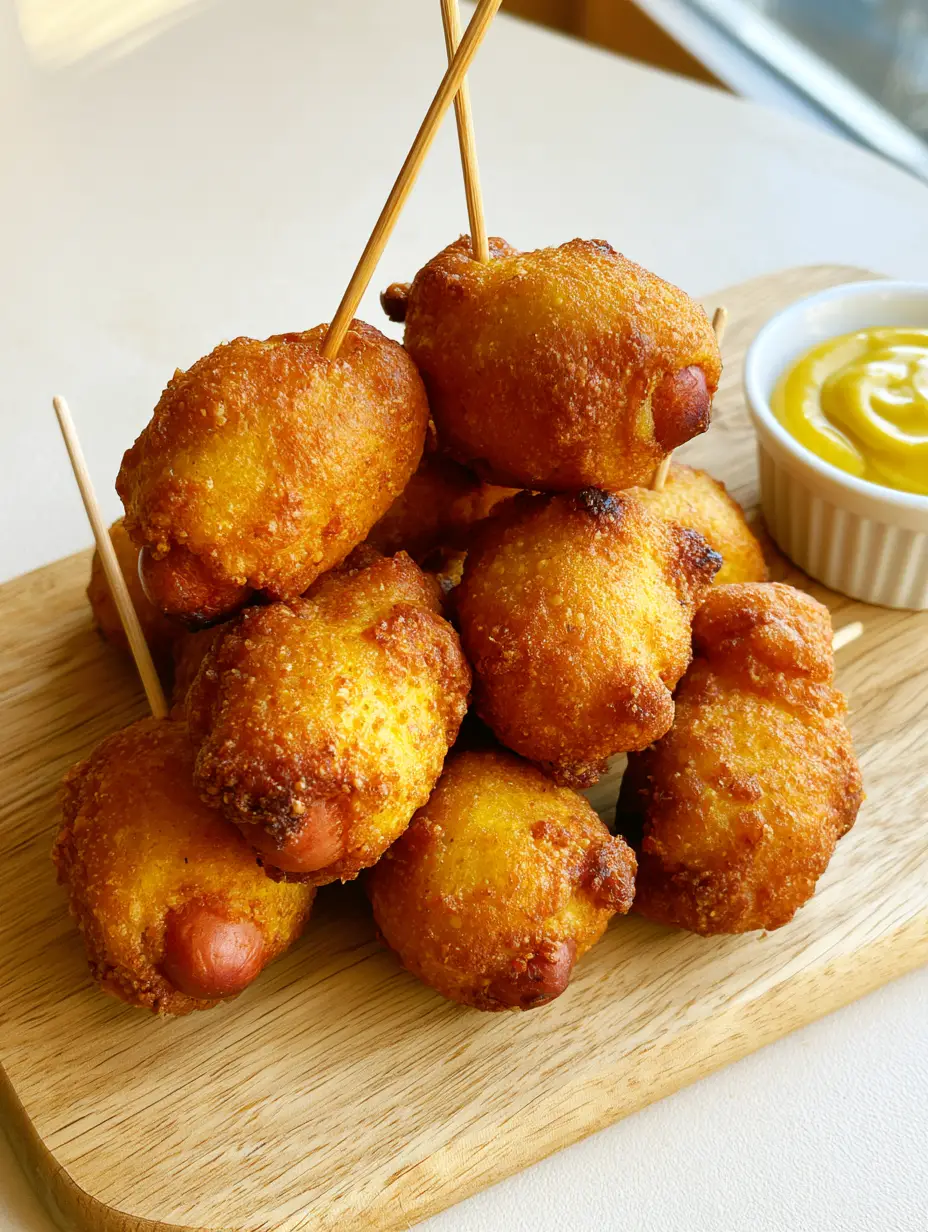 Bite-sized Homemade Corn Dog Bites showing the savory pink hot dog center and rustic crust.