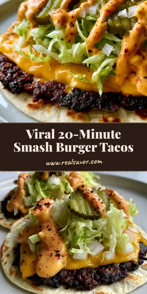 A stack of three Smash Burger Tacos on a white plate showing charred beef patties and melted American cheese.