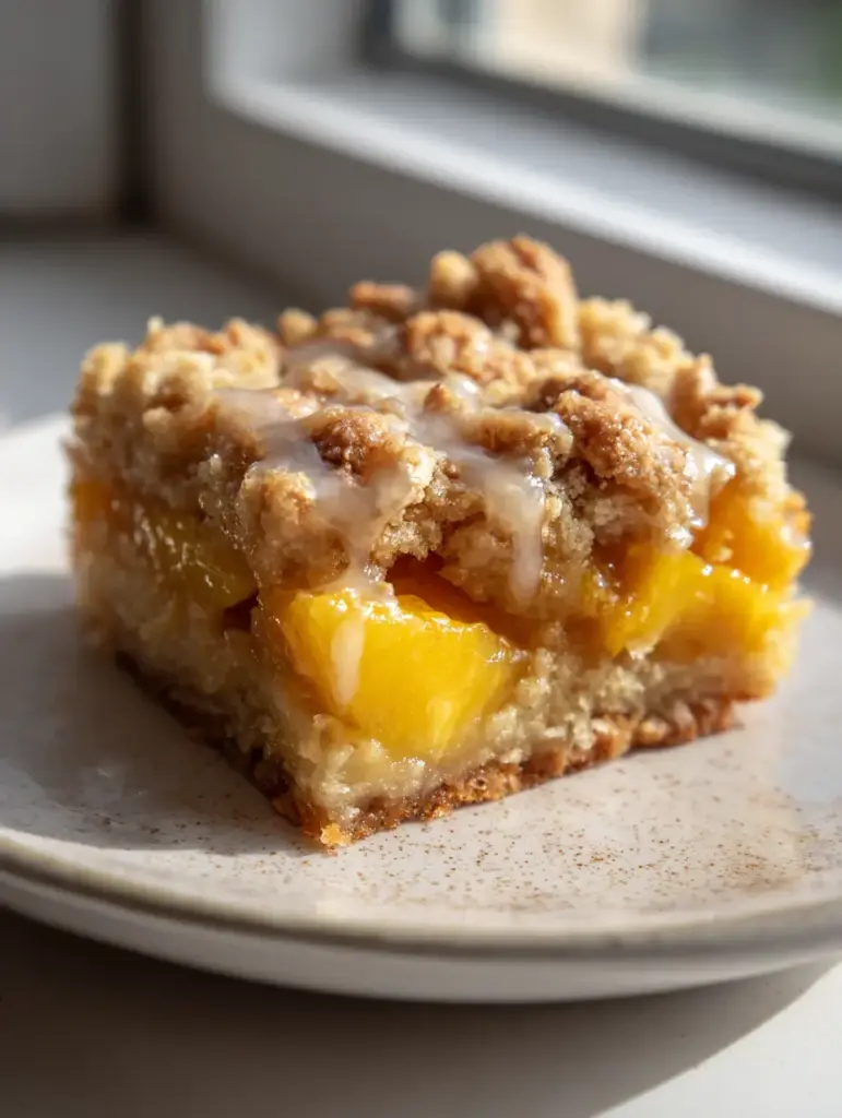 A close-up shot of the golden-brown oat crumble with cinnamon specks on a peach bar. (Peach Crumble Bars)