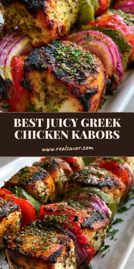 A stack of Greek Chicken Kabobs on a white platter featuring charred chicken, red and green peppers, and red onion petals dusted with parsley. (Greek Chicken Kabobs)
