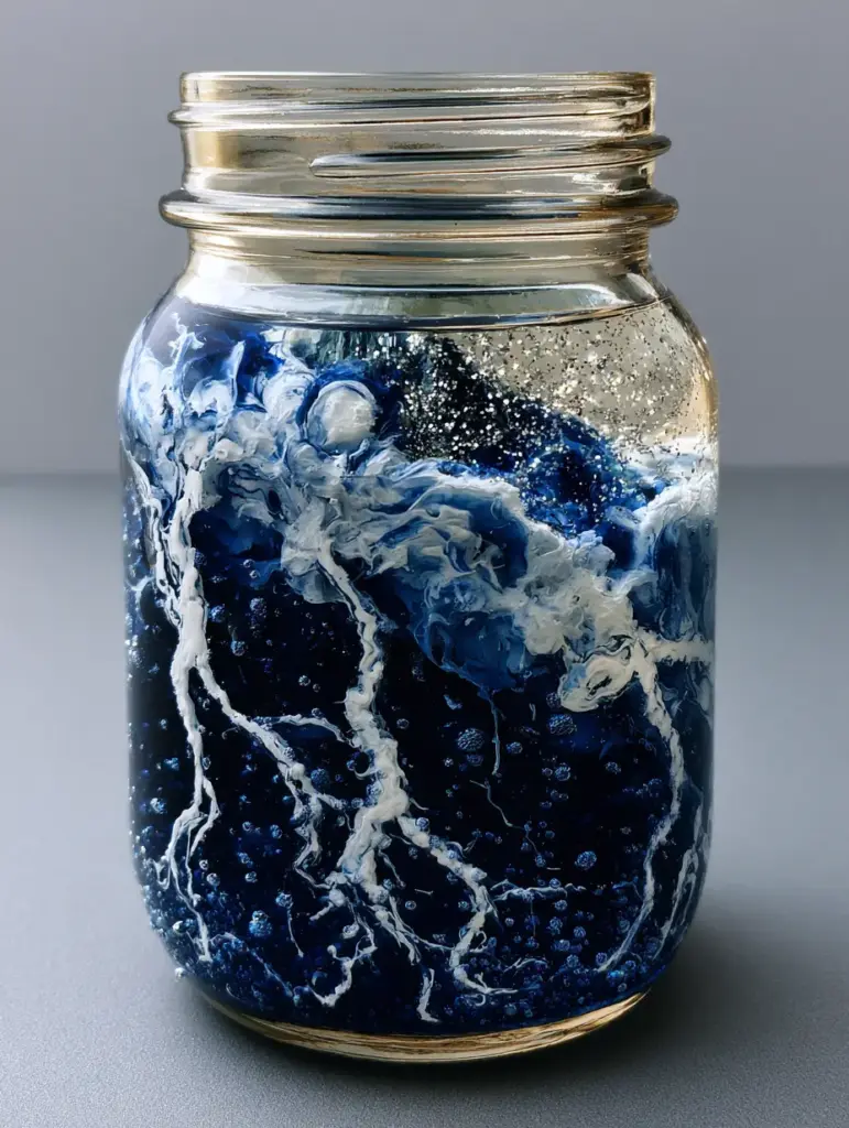 Detailed view of white acrylic paint swirling like lightning in a dark indigo mason jar experiment. (DIY Lightning in a Jar)