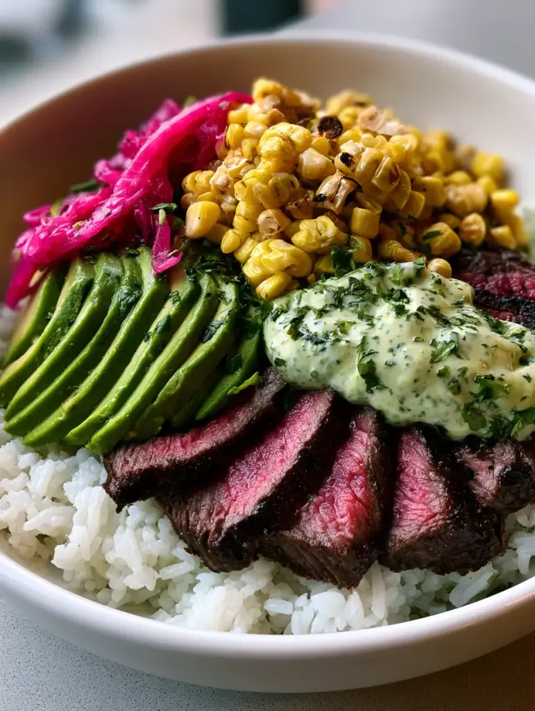 Close-up of the Steak and Avocado Rice Bowl featuring the thick cilantro cream drizzle and magenta pickled onions.