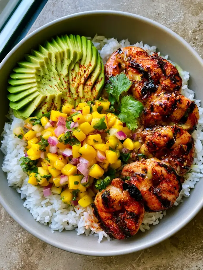 A healthy Shrimp and Avocado Bowl showing uniform mango cubes and fanned avocado on white jasmine rice.