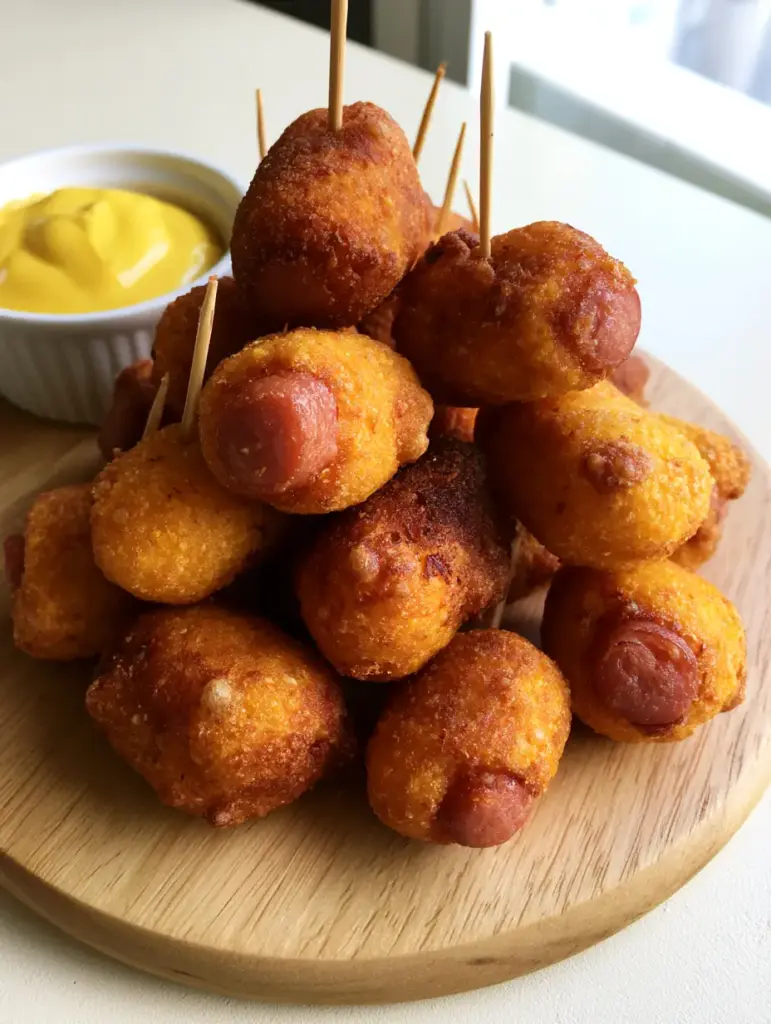 Deep-fried Homemade Corn Dog Bites served on a light wood board with wooden toothpicks.
