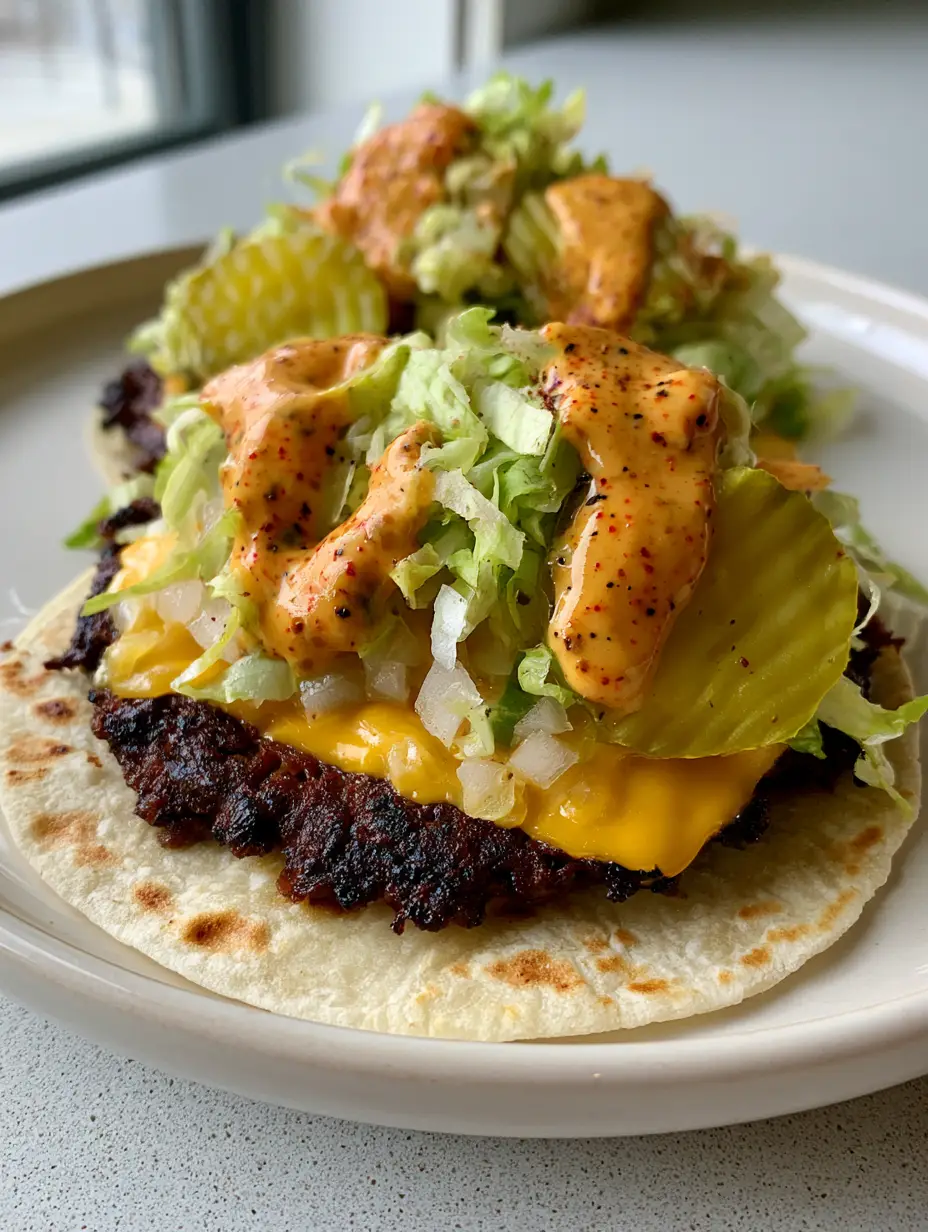 Close up handheld photo of Smash Burger Tacos with shredded lettuce, diced onions, and orange sauce.