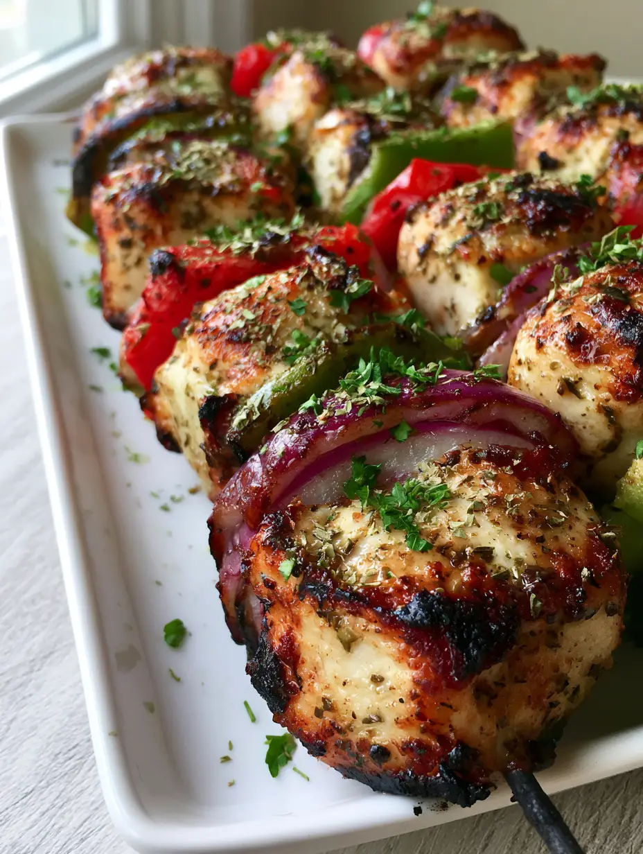 Smartphone photo of authentic Greek Chicken Kabobs with deep golden-brown sear marks and blistered vegetables. (Greek Chicken Kabobs)