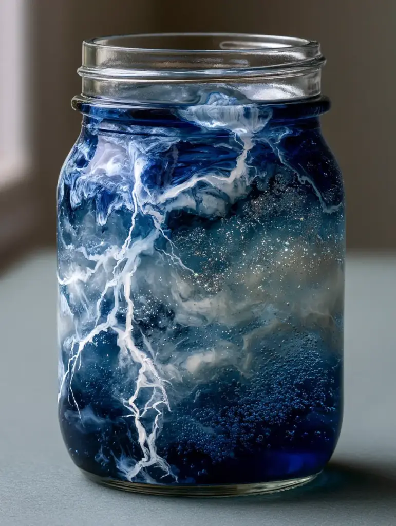 A close up of bubbles and glitter suspended in oil above dark water in a DIY Lightning in a Jar experiment.