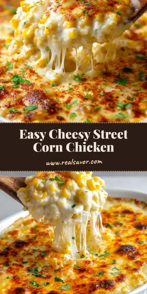 A large scoop of cheesy Street Corn Chicken Casserole being lifted with a wooden spoon, showing long cheese strands and a toasted golden-brown crust with chili powder.