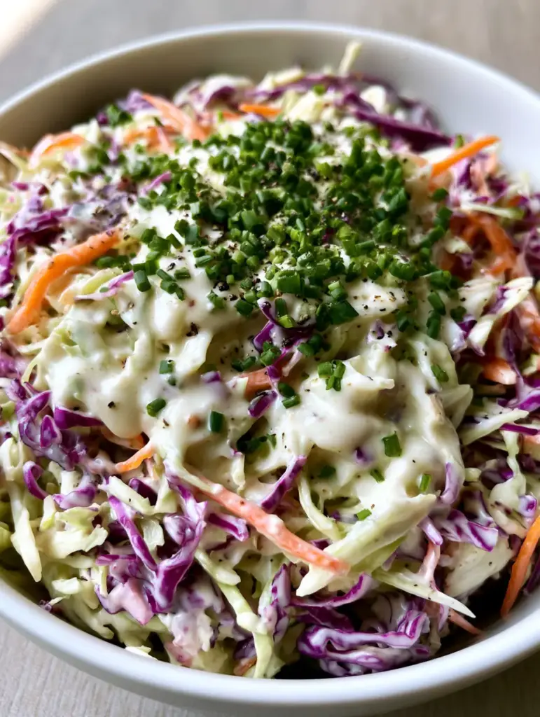 Overhead shot showing the dense mixture of purple and green cabbage in this Homemade Coleslaw Recipe.