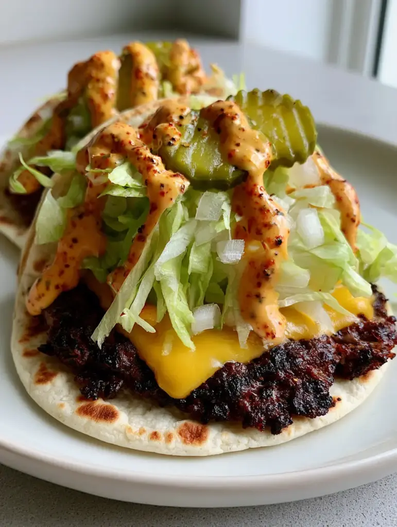 Detailed view of the charred beef crust and melted yellow cheese on a Smash Burger Taco.