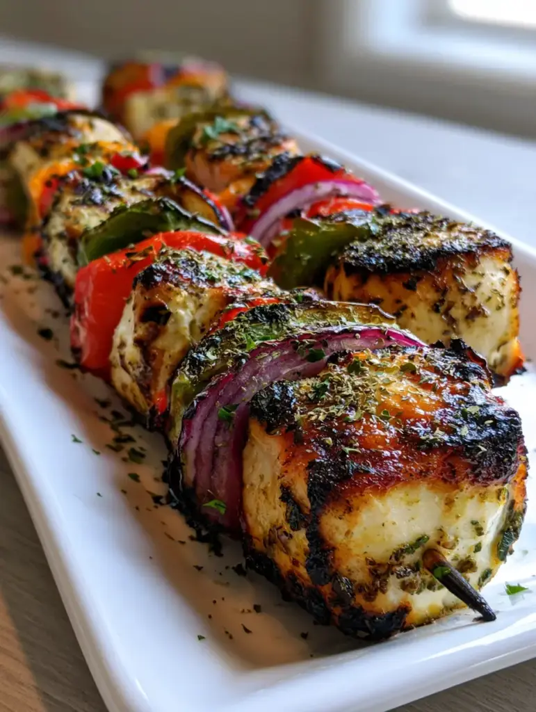 Multiple Greek Chicken Kabobs on a white rectangular platter, showing the glistening herb marinade and fresh parsley. (Greek Chicken Kabobs)
