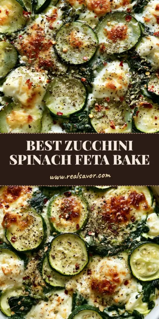 A top-down view of a baked Zucchini Spinach Feta Casserole in a white ceramic dish with golden-brown toasted patches. (Zucchini Spinach Feta Casserole)
