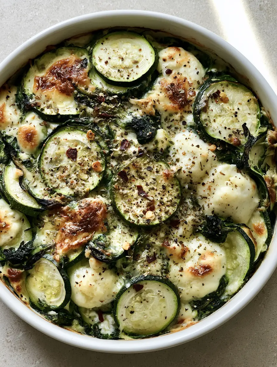 Close-up of translucent zucchini rounds and wilted spinach in a Zucchini Spinach Feta Casserole. (Zucchini Spinach Feta Casserole)