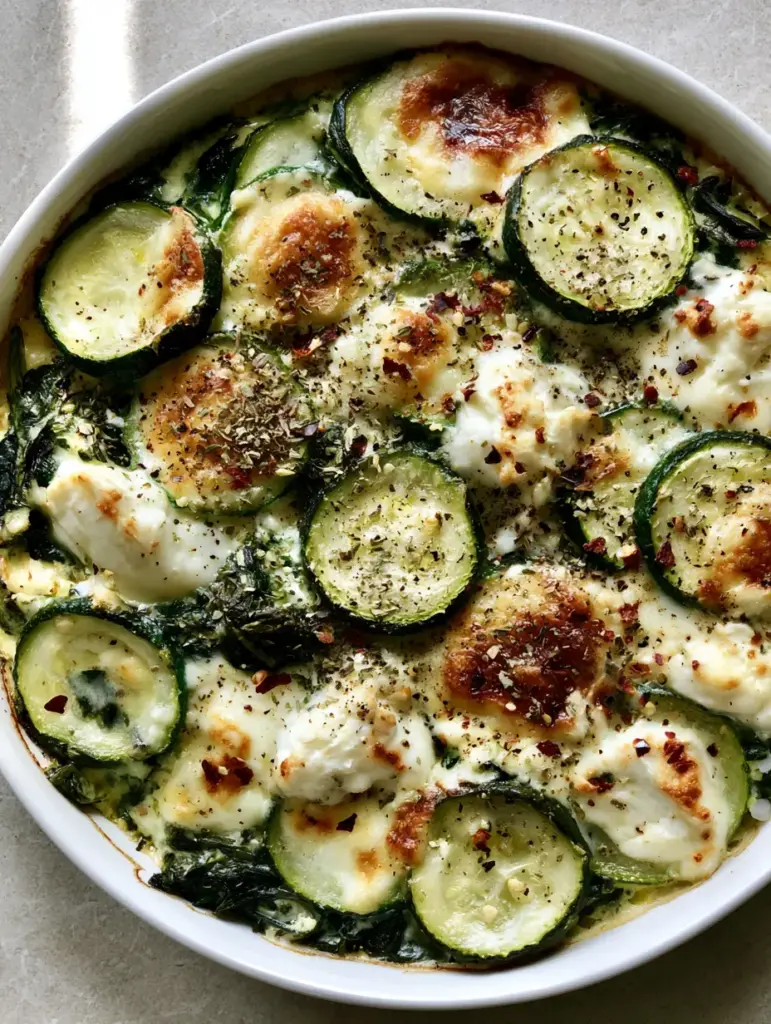 Top-down view showing the savory crust, oregano, and chili flakes on a Zucchini Spinach Feta Casserole.