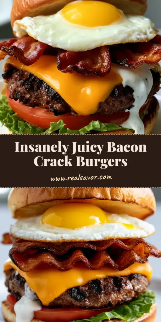 A towering Crack Burger with a runny sunny-side-up egg, melted cheddar, and crispy bacon on a toasted brioche bun.