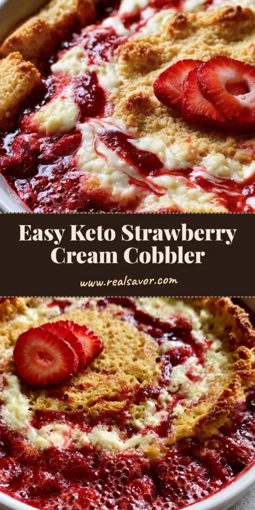A top-down view of a Keto Strawberry Cream Cheese Cobbler in a white dish with golden-brown crust and red berry filling.