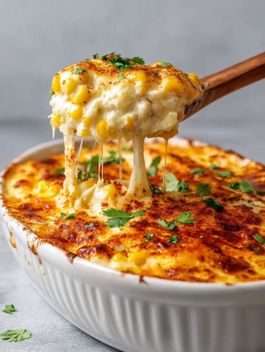 Side view of a white ceramic oval baking dish containing Street Corn Chicken Casserole with bubbly mozzarella and Monterey Jack cheese topped with cilantro and chili powder.