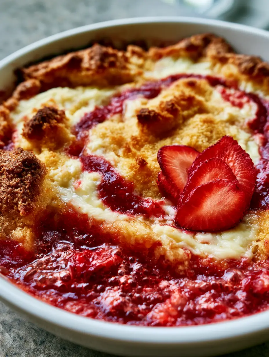 Close-up of golden-brown cobbler crust with jagged edges and bubbly strawberry filling. (Keto Strawberry Cream Cheese Cobbler)