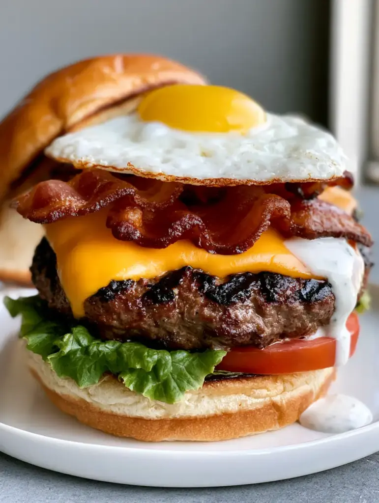 Side view of a Crack Burger showing the layers of lettuce, tomato, bacon, and a runny egg yolk.