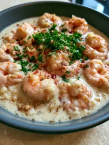 Handheld smartphone photo of succulent pink shrimp in a thick ivory sauce. (Creamy Coconut Garlic Shrimp)