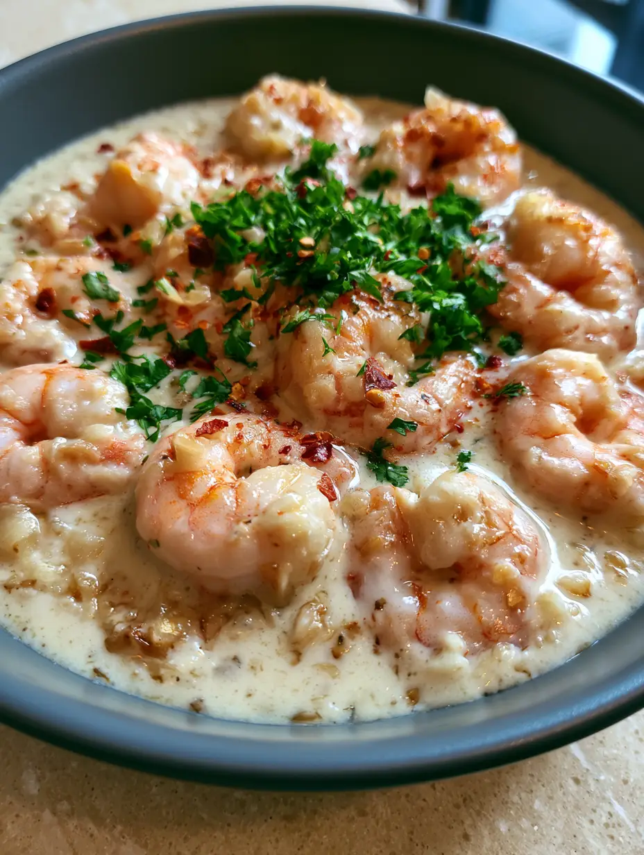 Handheld smartphone photo of succulent pink shrimp in a thick ivory sauce. (Creamy Coconut Garlic Shrimp)