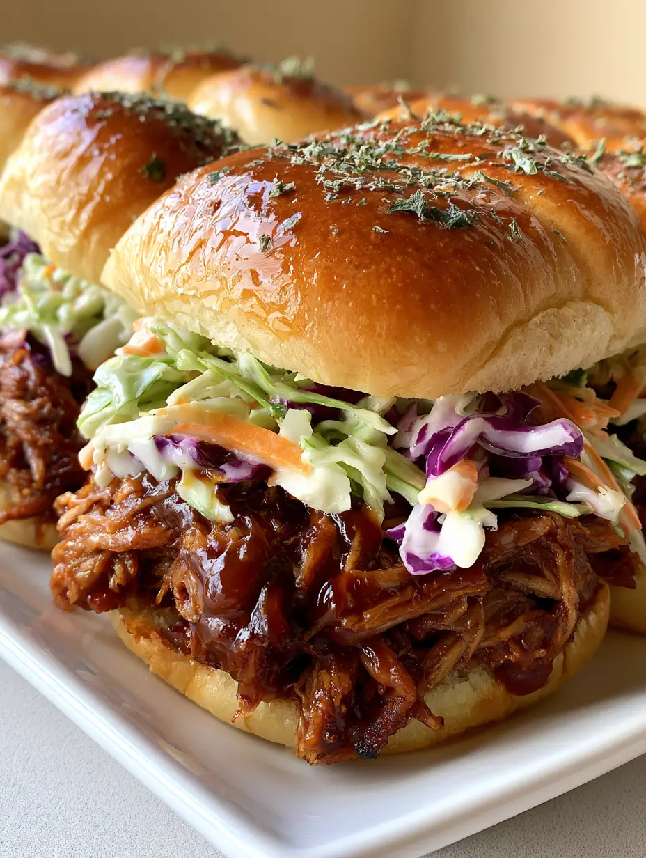 Handheld smartphone photo of a tray of Pulled Pork Sliders with shiny golden-brown crusts on a white plate.