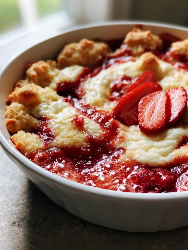 Fresh strawberry slices garnish on the center-right of a Keto Strawberry Cream Cheese Cobbler.