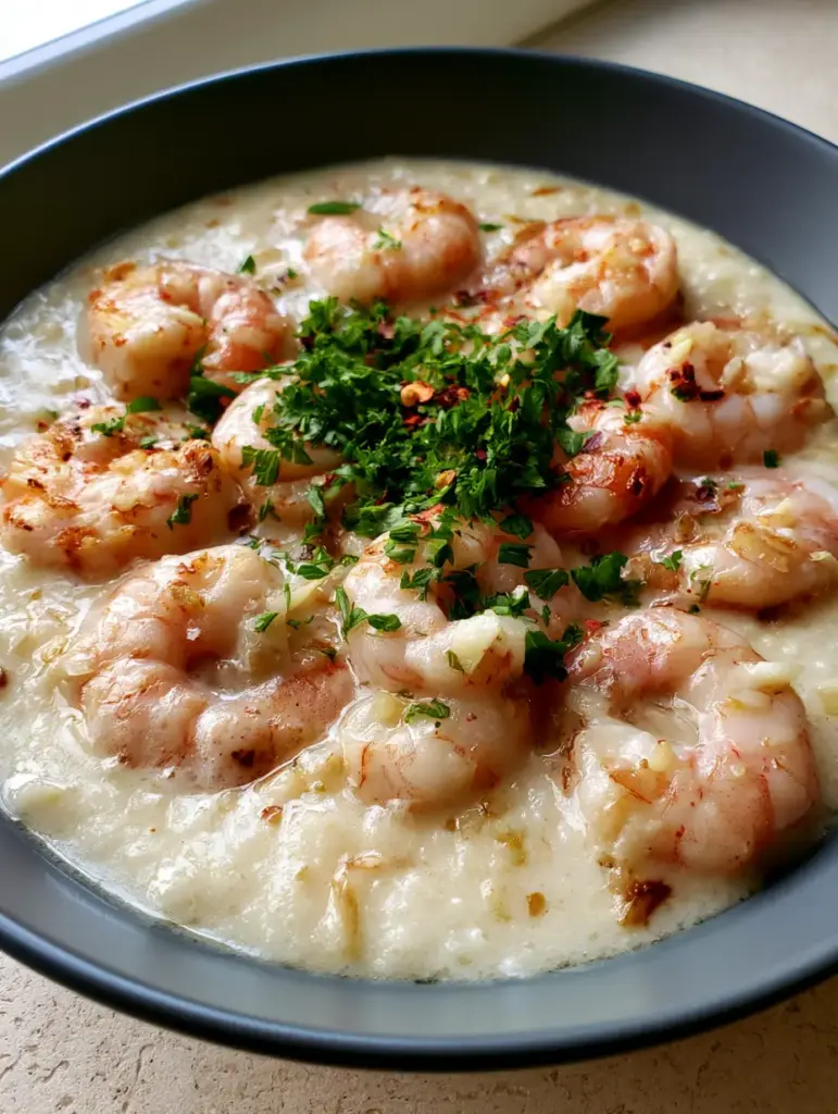 Succulent curled pink shrimp submerged in thick coconut sauce with garlic bits. (Creamy Coconut Garlic Shrimp)