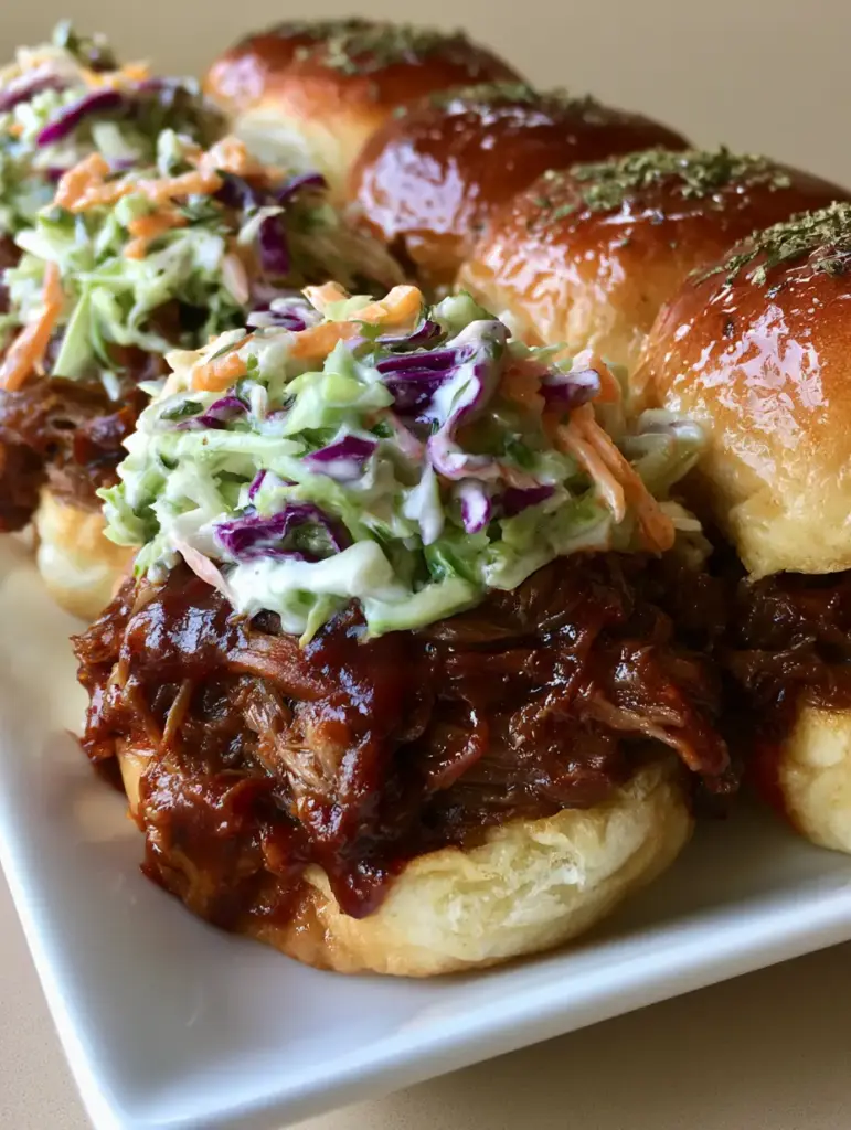Close-up of the melted garlic herb butter glaze and flecks of dried green herbs on Pulled Pork Sliders.