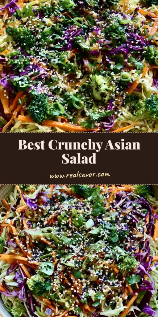 A large ceramic bowl filled with Crunchy Asian Cabbage Salad featuring shredded purple and green cabbage, matchstick carrots, and a glossy amber dressing topped with sesame seeds. (Crunchy Asian Cabbage Salad)