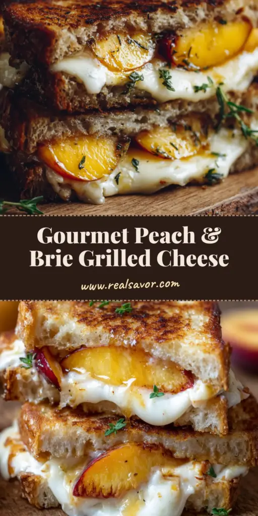 A gourmet Peach and Brie Grilled Cheese cut in half on a wooden board, featuring melted Brie and caramelized peaches.