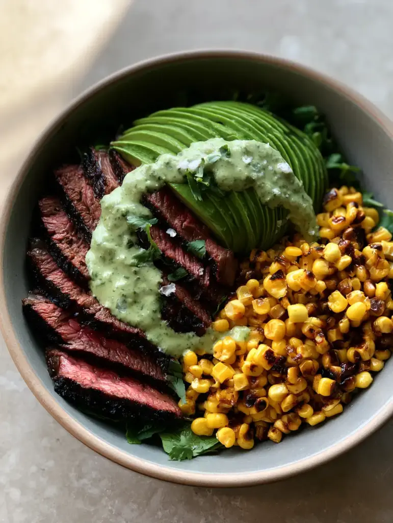 Artistic drizzle of cilantro cream over a medium-rare steak bowl.