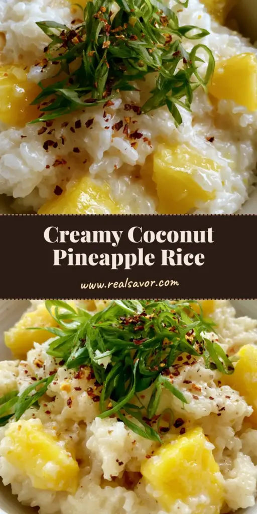 A top-down view of a white ceramic bowl containing glistening Coconut Pineapple Rice garnished with green scallions and red pepper flakes.